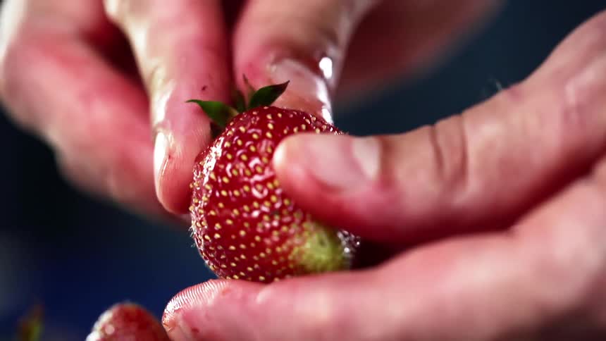 A man picks a stem off a strawberry