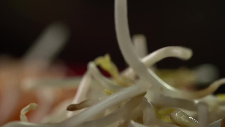 Fresh and moist white bean sprouts are dropped down onto a pile of other sprouts