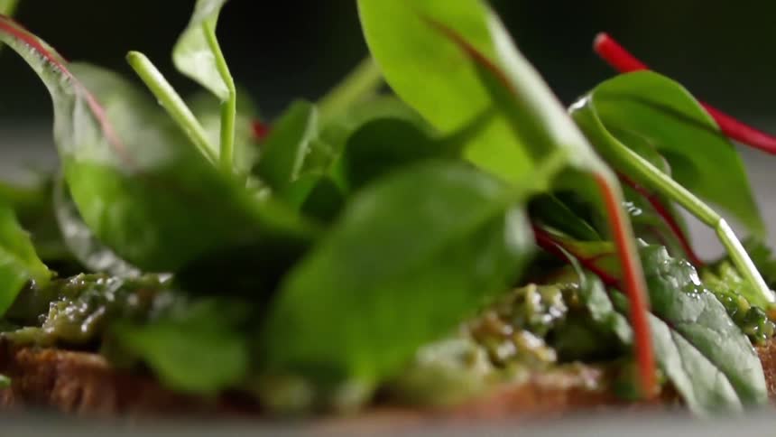 A small bunch of uncooked spinach leafs are dropped onto a plate of food