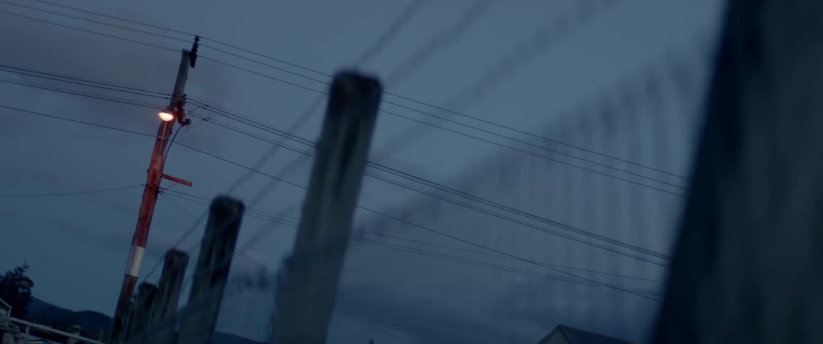 A street lamp shines above a fence
