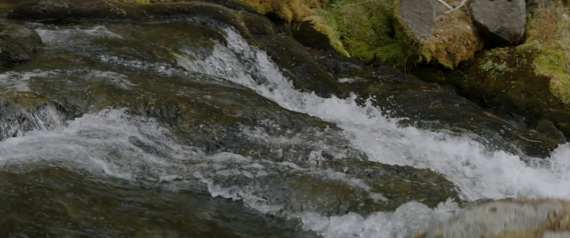 Water rushes over rocks and down a small falls