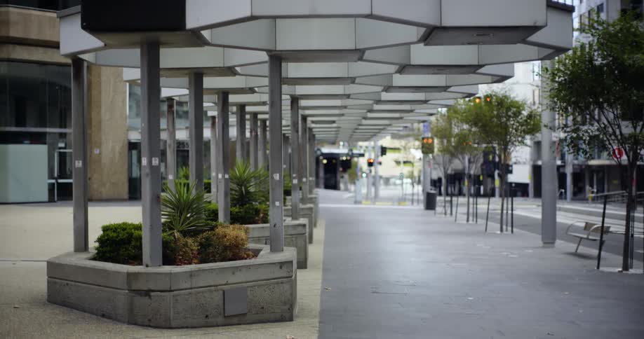 An empty city street and plaza