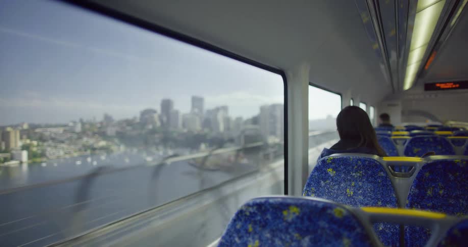 Passengers ride rail on tracks overlooking water full of crafts near downtown city buildings
