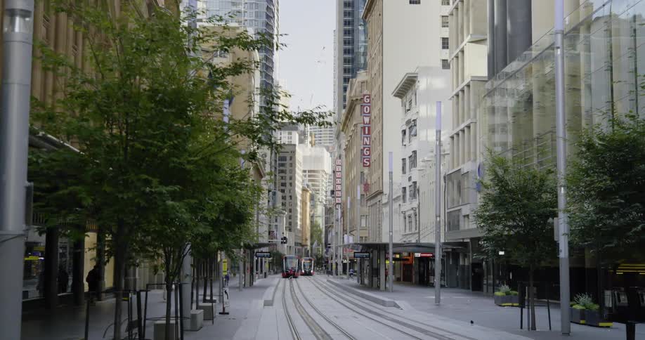 A city with trolley carts trees buildings and the sky in the background