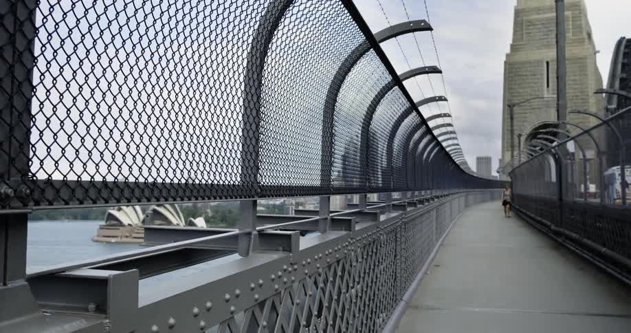 A woman walks on a pedestrian walkway over the water as traffic travels on the street beside her