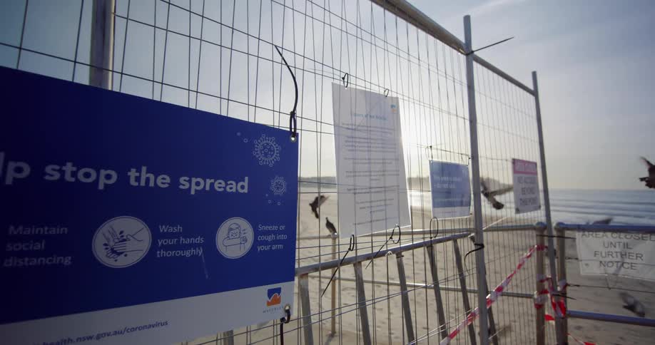 A fence in a beach boardwalk with pigeons and sand and the ocean in the background