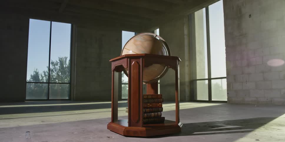 The globe in the cabinet spins in the middle of the room