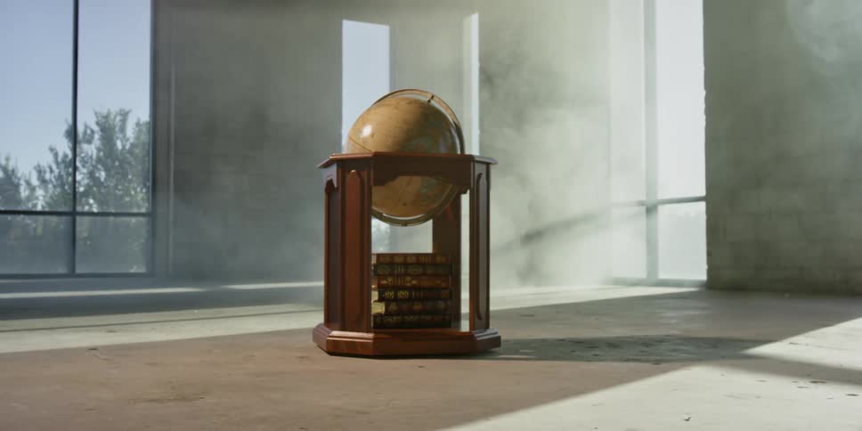 Smoke rises near windows in a room with a globe in a wooden stand with books stacked underneath