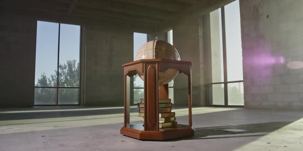 A globe spinning on a pedestal with books underneath with windows in the background