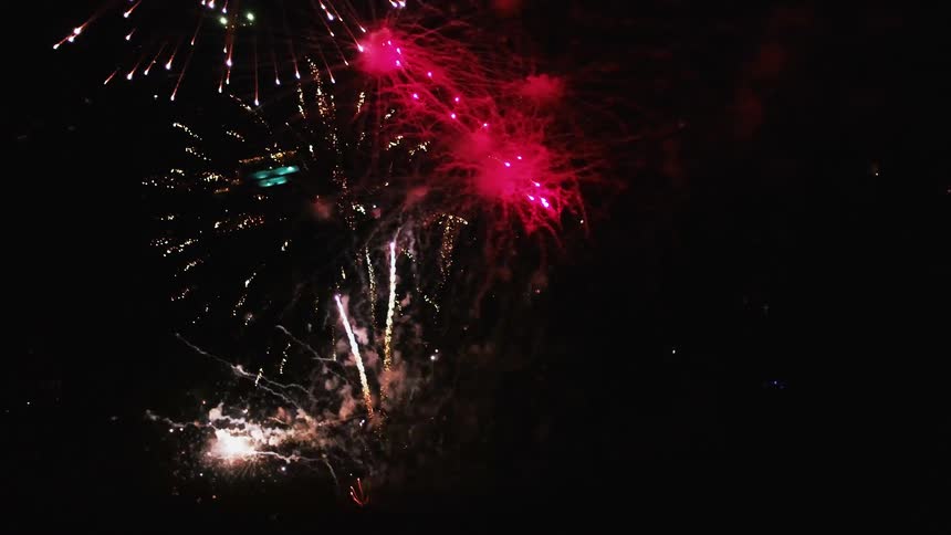 Colorful fireworks burst against a black sky