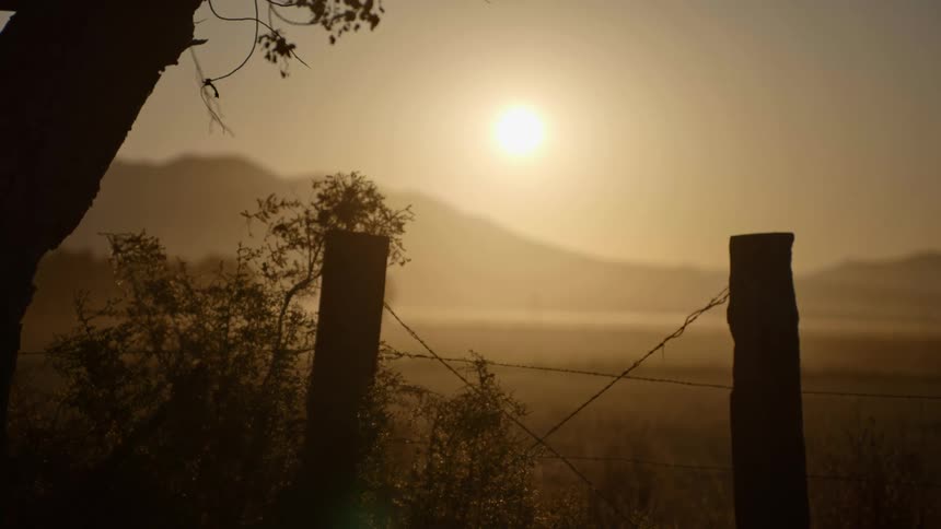 The sun looming above a distant mountain shines through a fogging countryside onto a small barbed wire fence