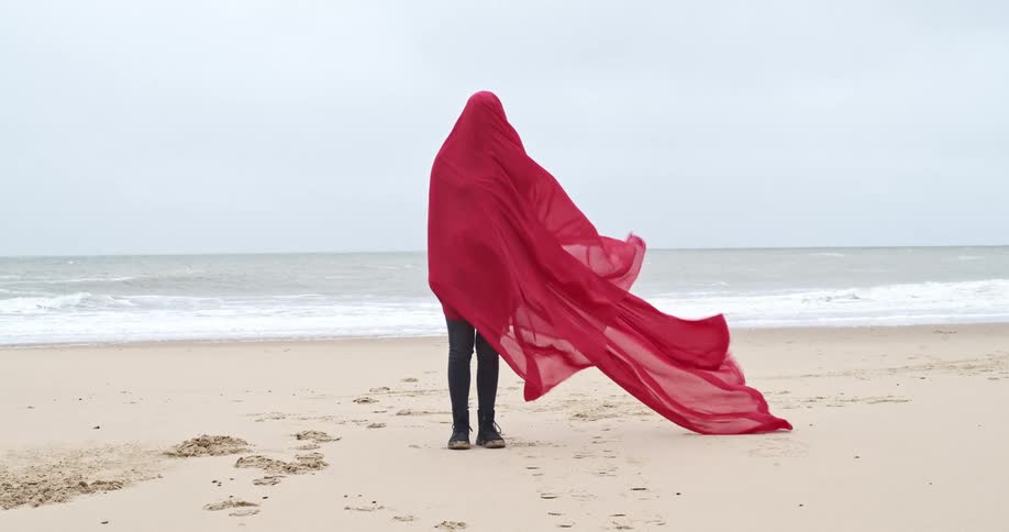 A person stands on the beach on a windy day