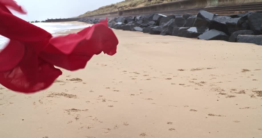 Material blowing in the wind on the beach