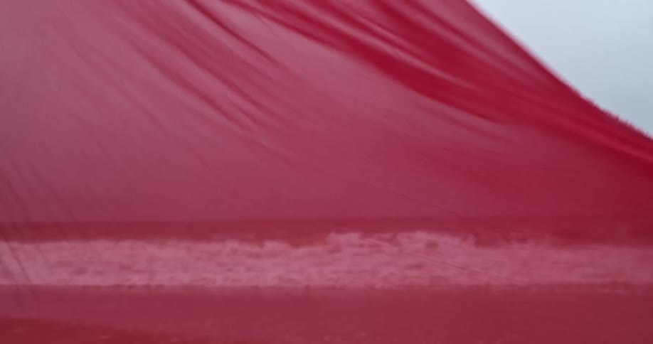 A long red scarf blows in the wind on the beach