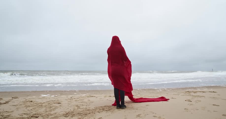 A woman is standing by the beach