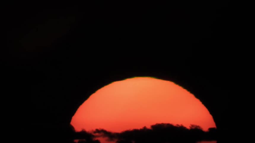 A sunset with trees in the foreground and the dark sky in the background