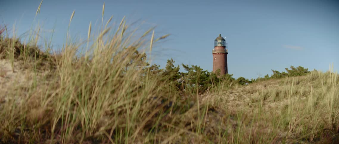 Weeds in the wind at the bottom of a hill near a lighthouse