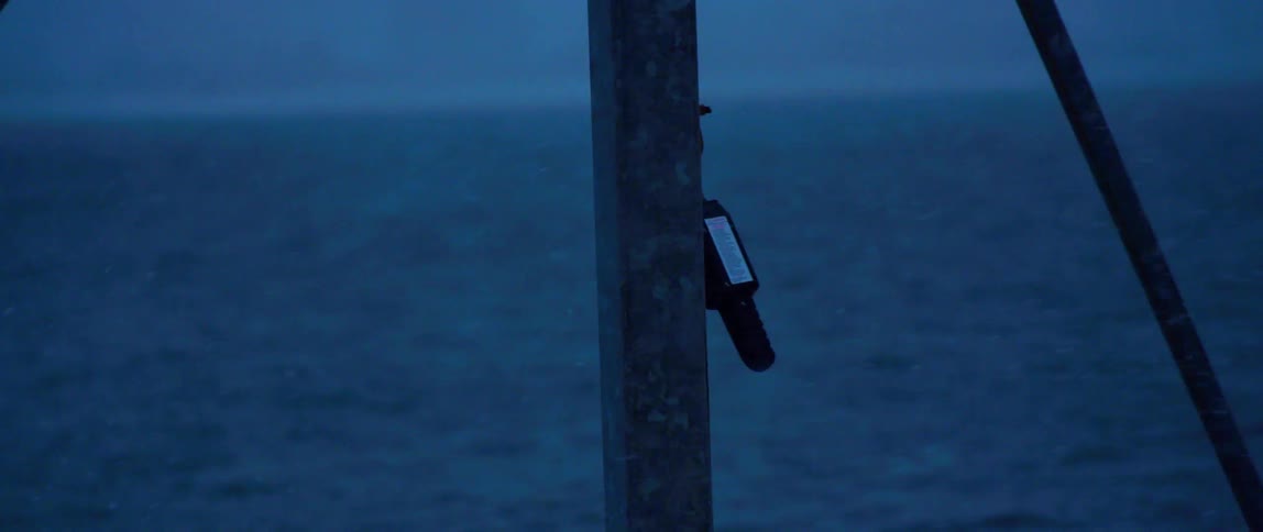 A dock lever blows in the wind of a winter storm