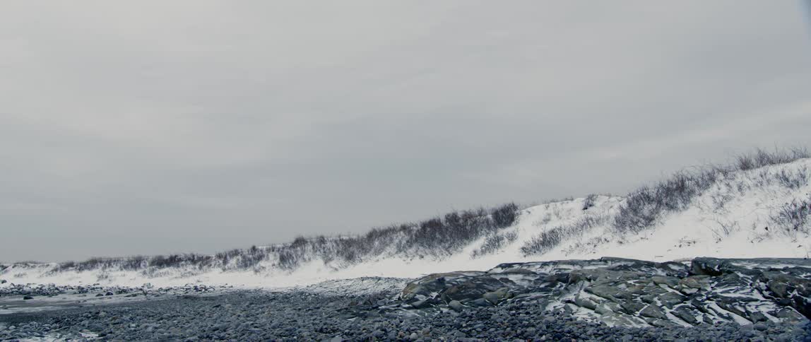 Snow and ice cover the rocky coast of Maine