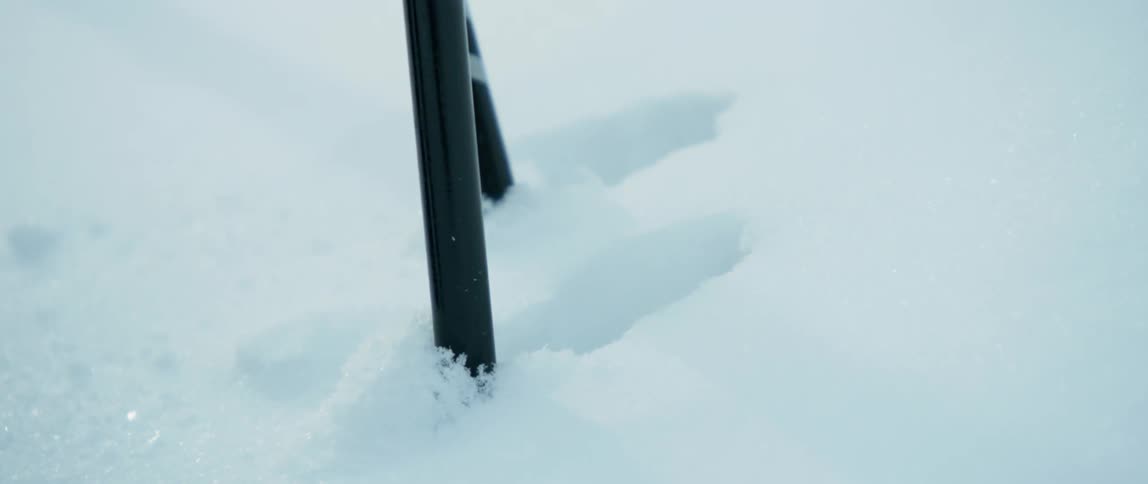 Ski poles sink into fresh deep snow