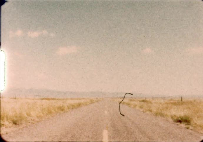 A long flat road cuts through grasslands
