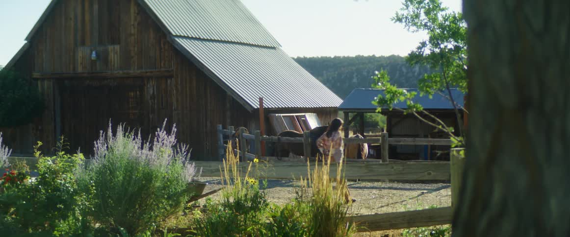 A woman is walking by a farm in the country