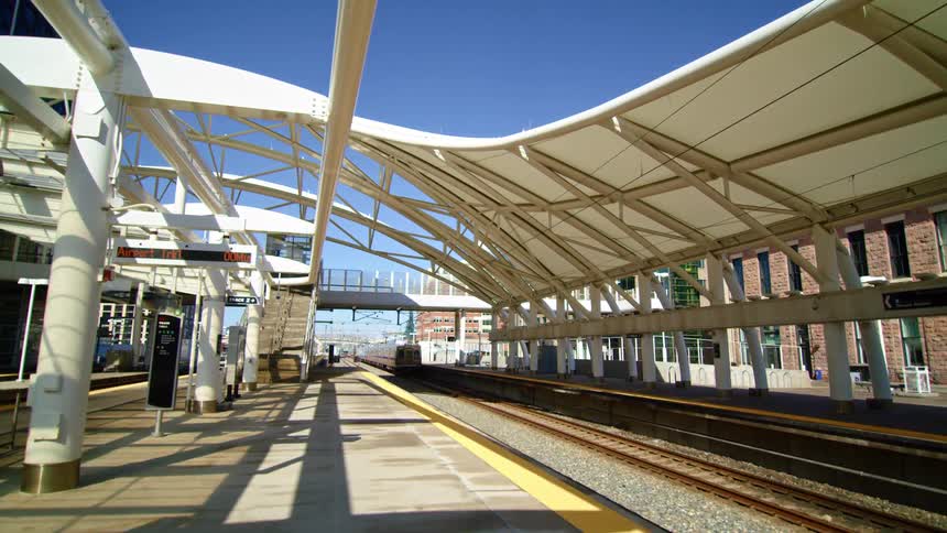 A train pulling away from a station