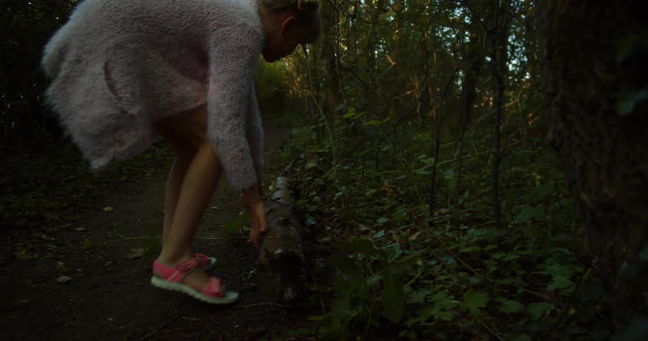 A young girl removes something from beneath a fallen tree trunk in the forest