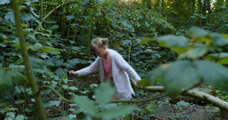 A young girl climbs over a fallen tree branch in the woods