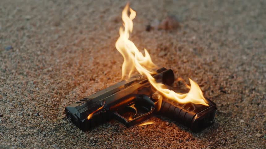 A gun engulfed in flames lying in the dirt
