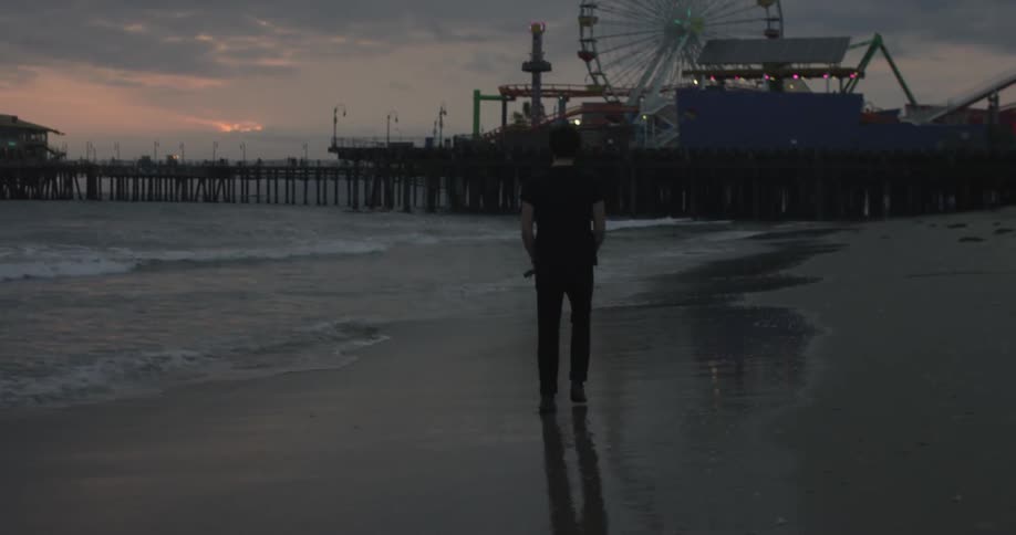 A man walks over by the shore at sunset