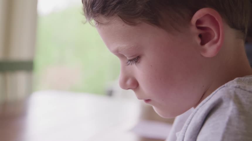 Little child with a grey long sleeve t shirt sitting at the table writes in a notebook in a room