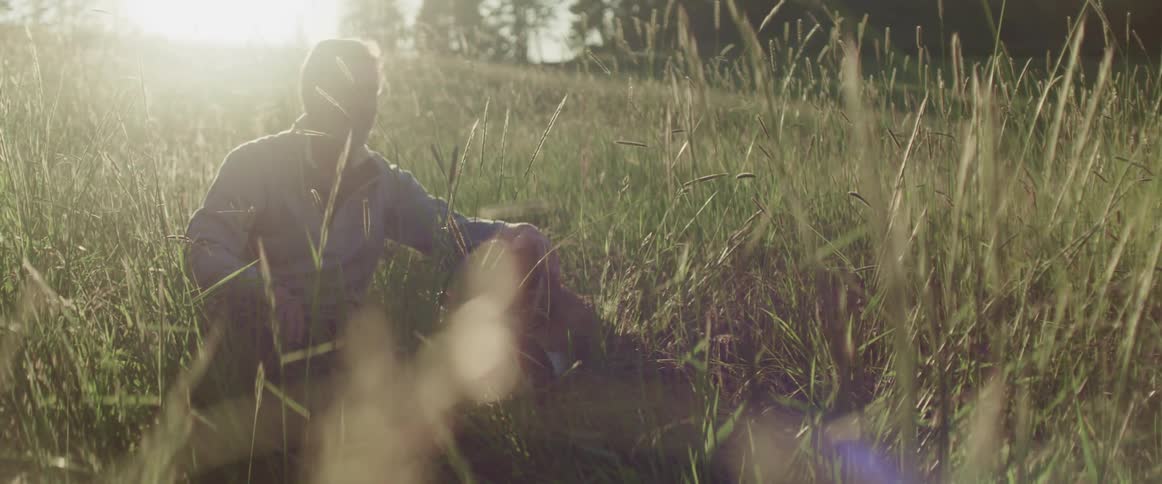 Man pets a dog as he sits in a grassy field