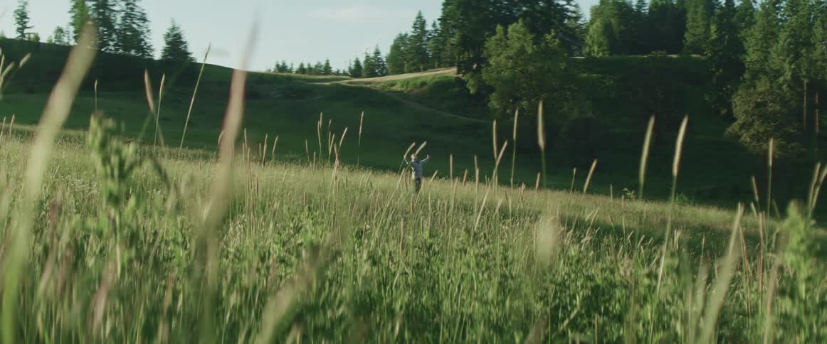 Grass grows in a field surrounded by hills