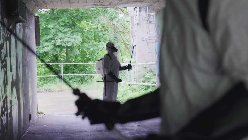 Two workers in hazmat suits remove graffiti from a tunnel