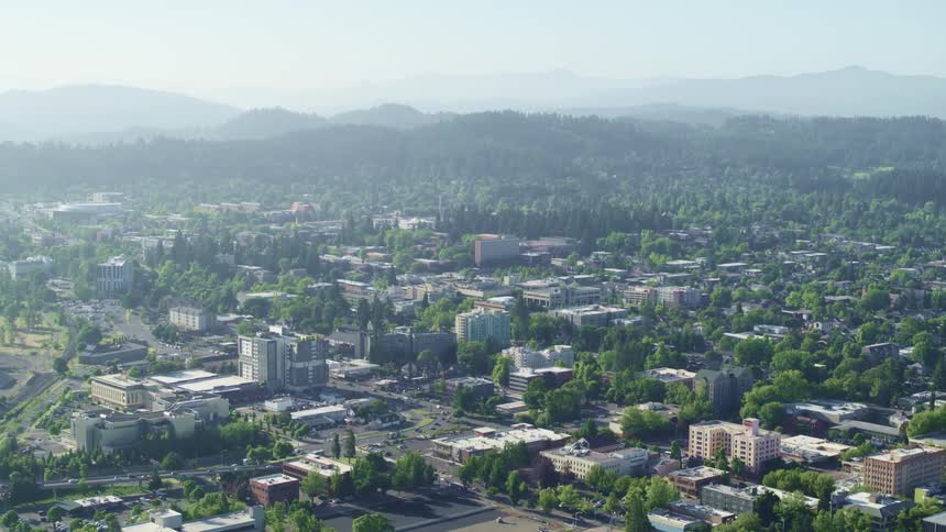 Aerial view of a small city near the mist covered hills in the morning