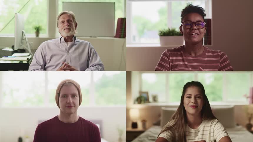 Two men and two women have a conference video call