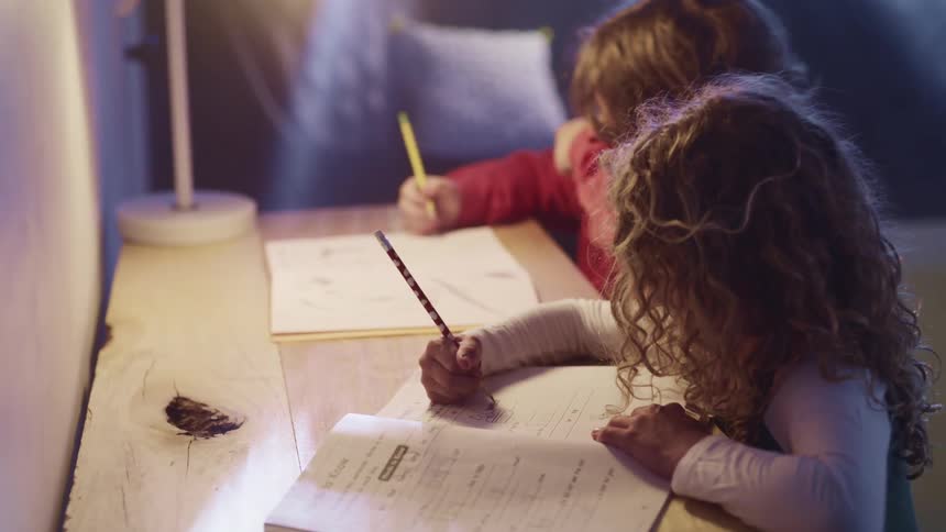 Two children do homework at home