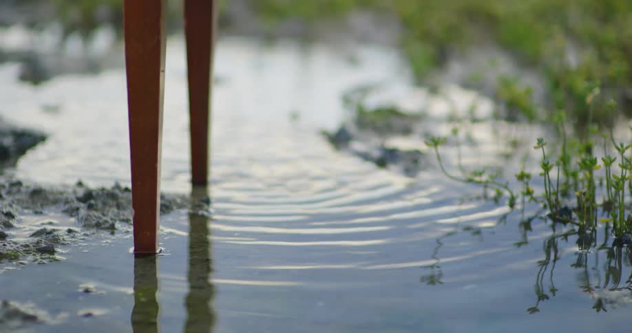 A piece of furniture sits in a stream