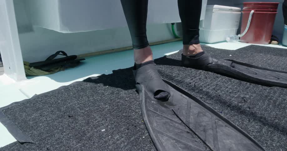 A driver picks up an underwater camera while standing on a boat