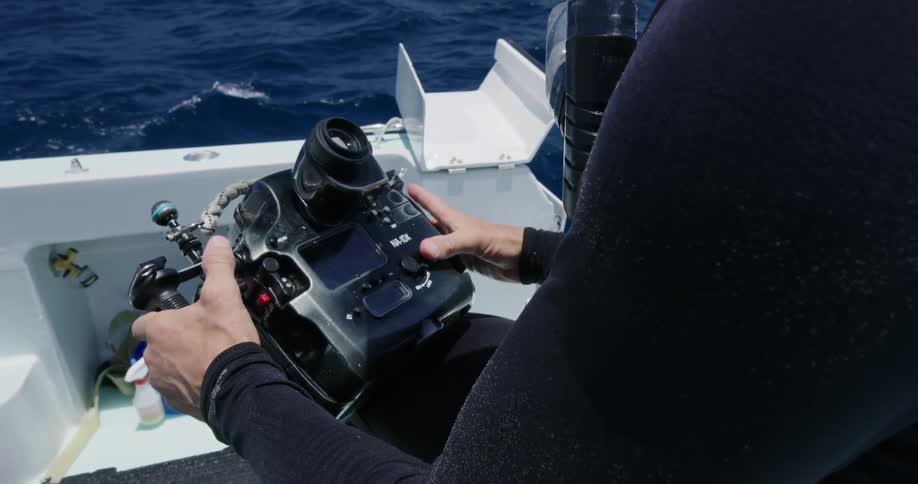 A person is checking his camera on the boat