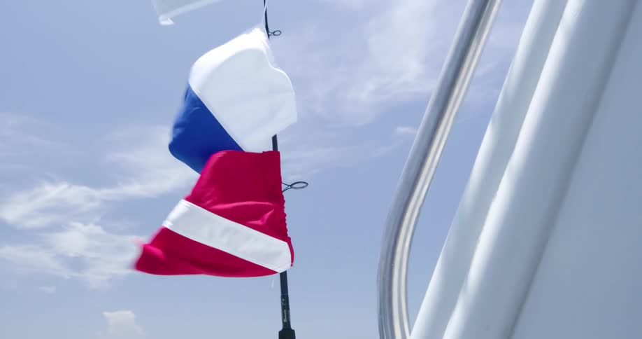 Flags on a boat in the ocean