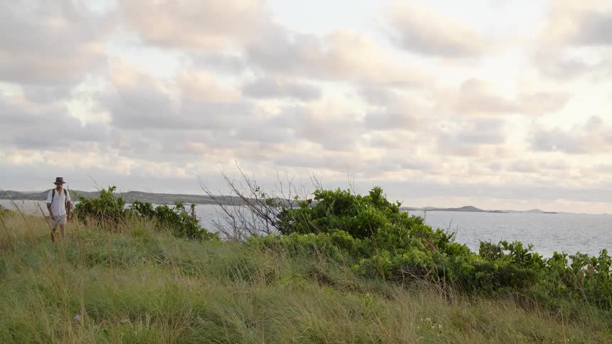 Man walks through meadow overlooking ocean under a cloudy sky