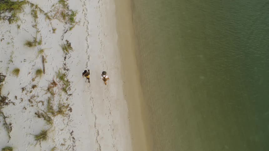 Two people walk side by side on a sandy beach