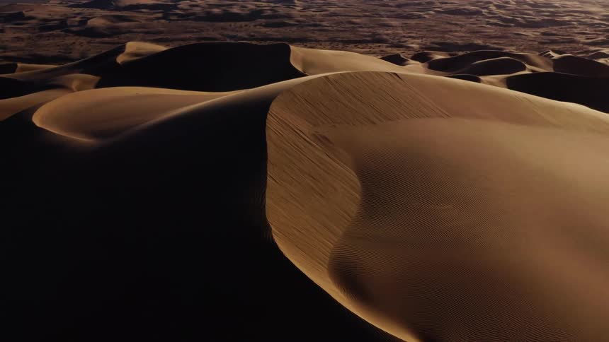 An aerial view of sand dunes in a desert