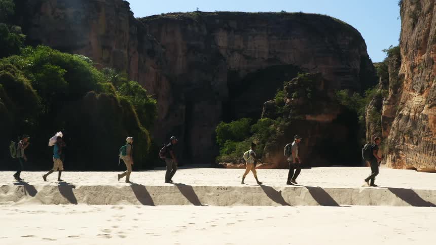A group of people are hiking outdoors