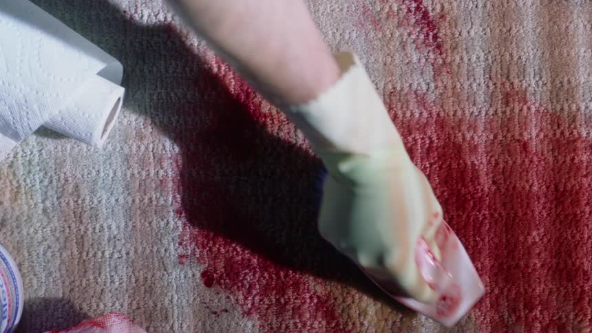 A woman pours bleach and uses a scrub brush to clean blood out of a rug