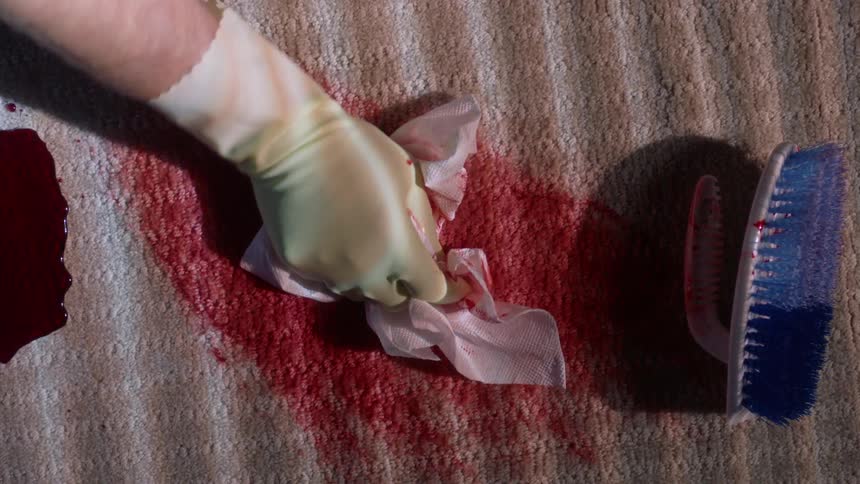 A woman cleaning blood off of a rug