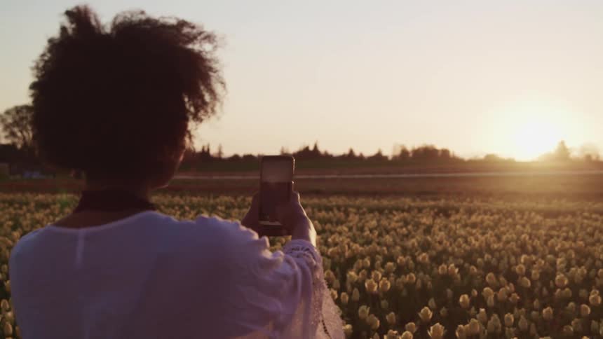 Young woman in a white dress uses smartphone to take pictures of the sun over a tulip field at sunset