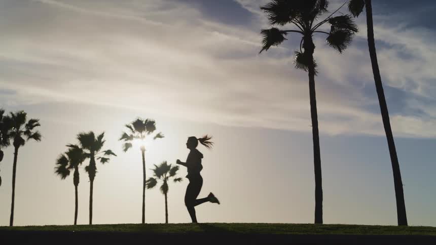 Woman running past palm trees is silhouetted by the sun